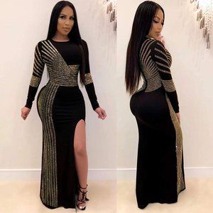 Long Sleeve Maxi Slit Black Sequin Dress Bodycon